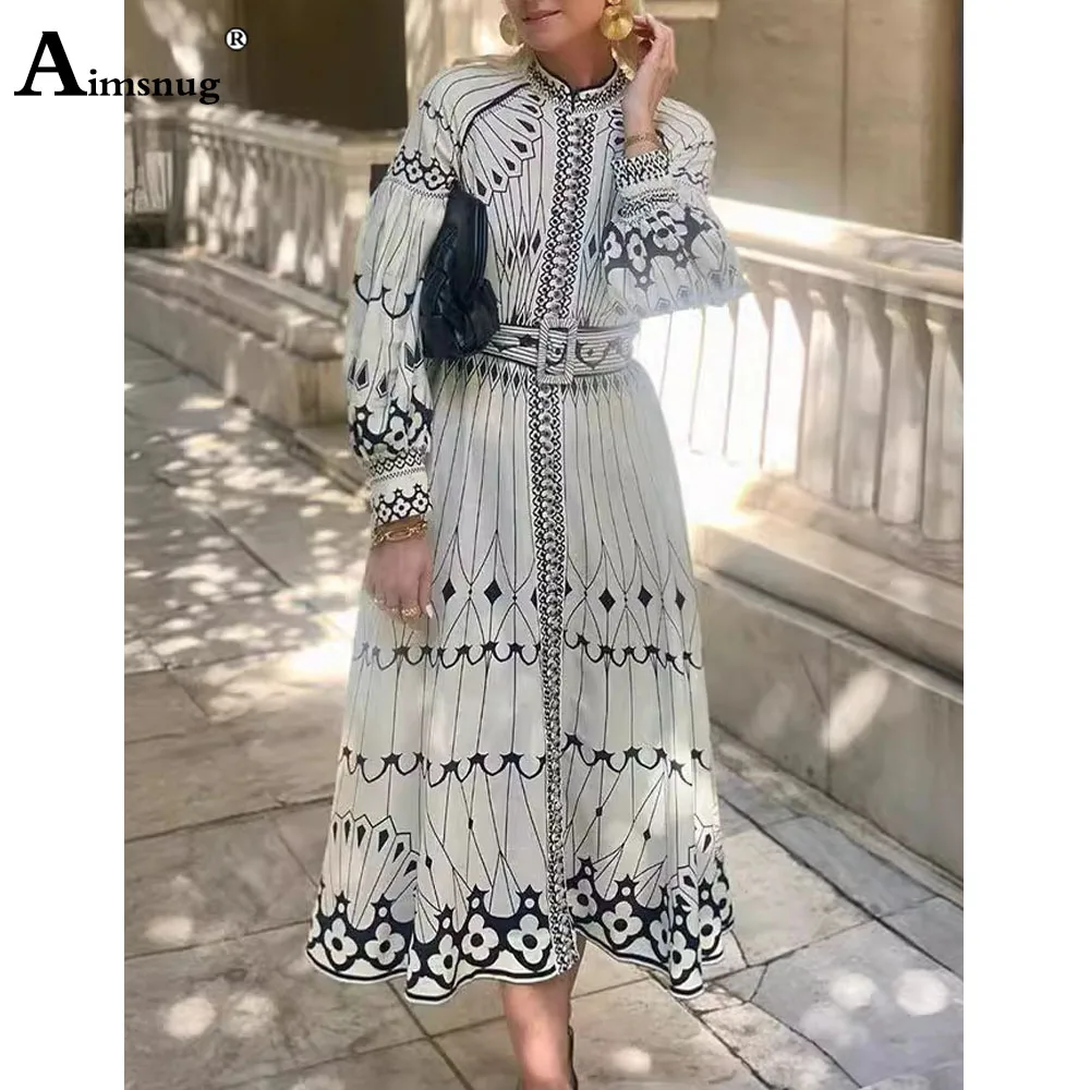 

Women Elegant Mid-Calf Dress Long Sleeve Vintage Formal Party Wedding Dresses 2024 European Style Boho Flower Print A-line Dress