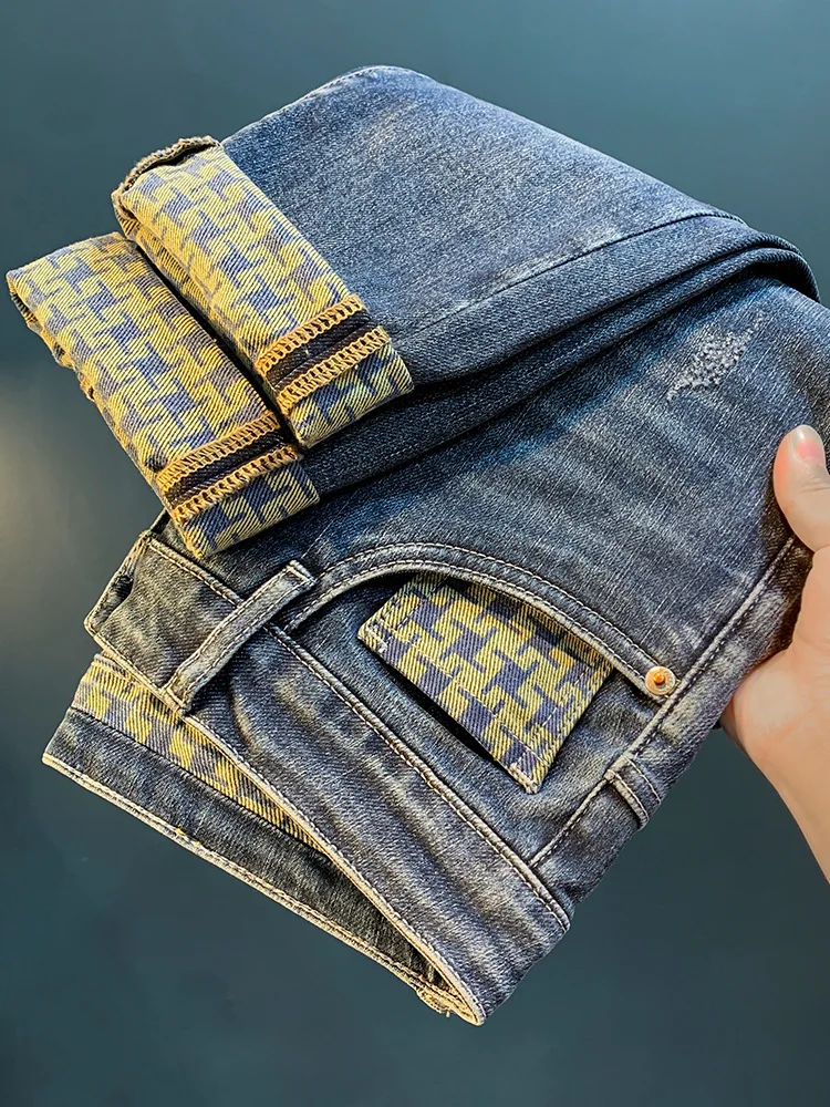 Spring new trendy jeans for MEN'S HIGH END light luxury fashion print elastic casual straight fit loose cotton denim pants