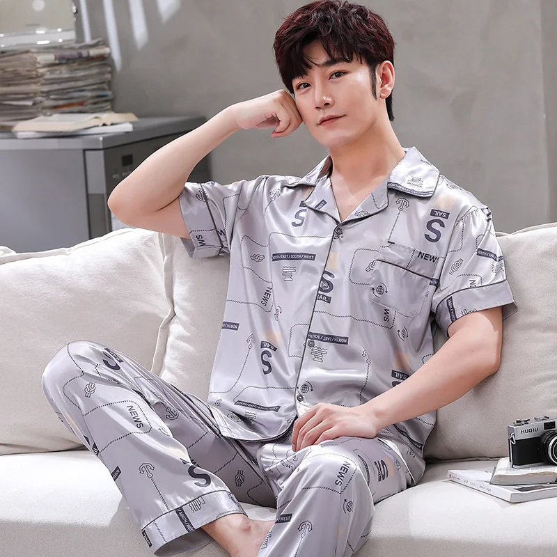 Ice Silk Pajamas Men's Summer Short Sleeve Youth Large Loose Home Clothes Shorts Two-piece Set
