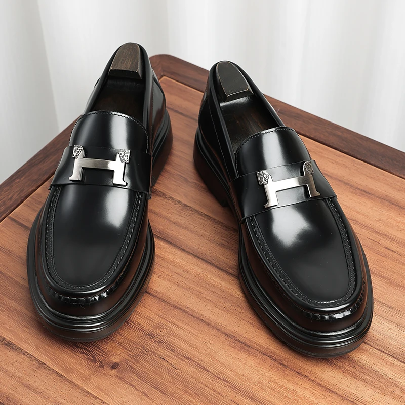 Leather shoes man, cover foot, square head, buckle, formal wedding, handmade, groom wear, European version