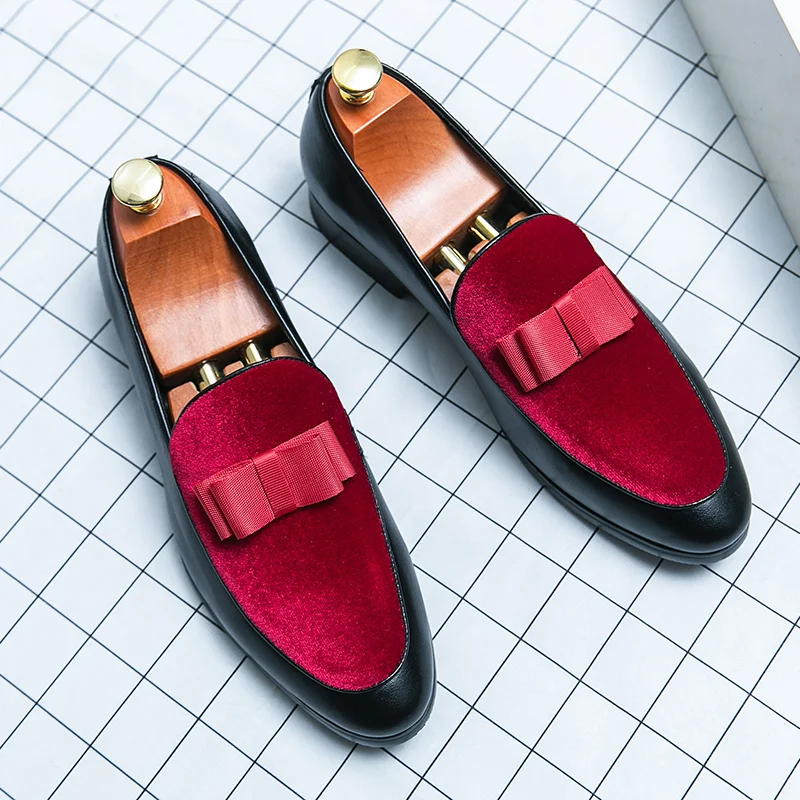 

Fashion Red Casual Leather Loafers Men Elegant Bow Men's Wedding Shoes Corduroy Slip-on Mens Social Dress Shoes Big Size 38-48