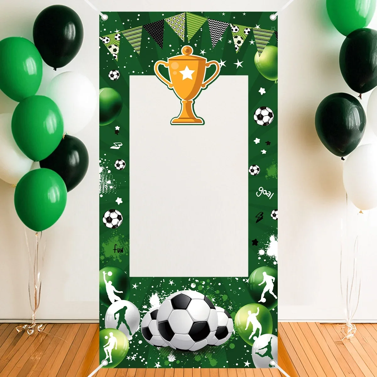 1 Stück Fotobox-Rahmen-Hintergrund mit Fußball-Thema und Trophäenmuster aus Polyestergewebe als Foto-Requisite für Geburtstagsfeiern und Sportveranstaltungen
