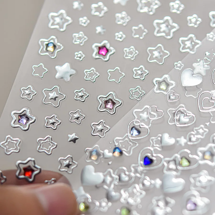 5D color crystal star nail stickers love shiny silver hollow smear rainbow flower jelly design 1 piece