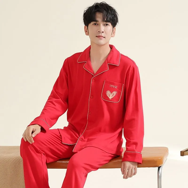 Cotton Men's Pajamas Spring Autumn Simple Cardigan Nightgowns Long Sleeves Sleepwear Suit Thin Loose Teenagers Home Clothes Set