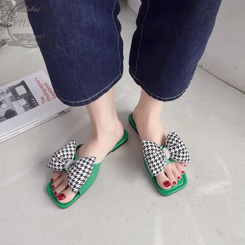 

YTLDWAT Summer Korean Version Of The Niche Square Head Sandals And Slippers Women Wear Cute Bow Seaside Beach Word Flat