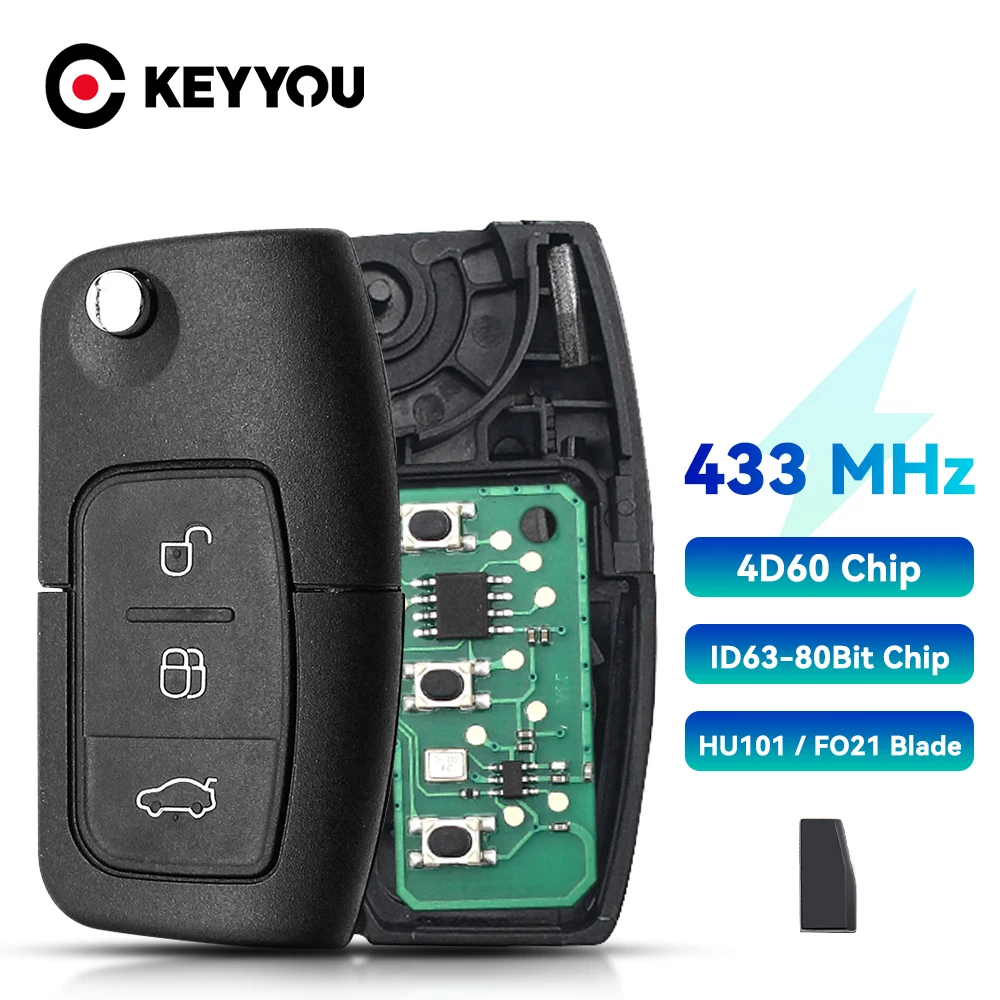 Ford Schlüssel - 3 Tasten - 4D60 Transponder - Schlüsselblatt FO21