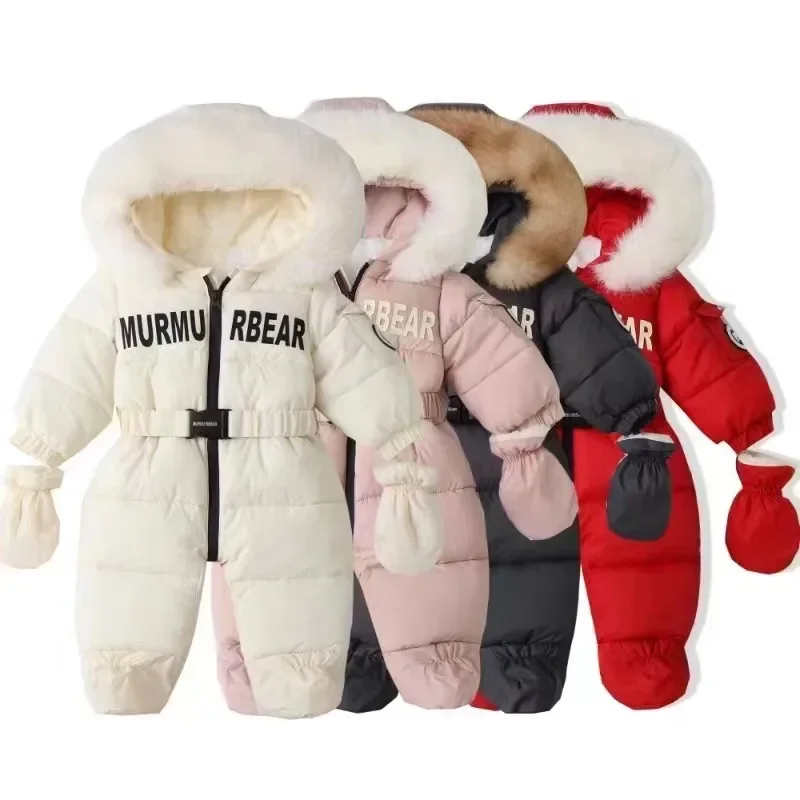 Winter Newborn Baby Girl Jumpsuit Thicken Baby Ski Suit With Gloves Belt Romper Warm Infant Snowsuit Children Clothing Set