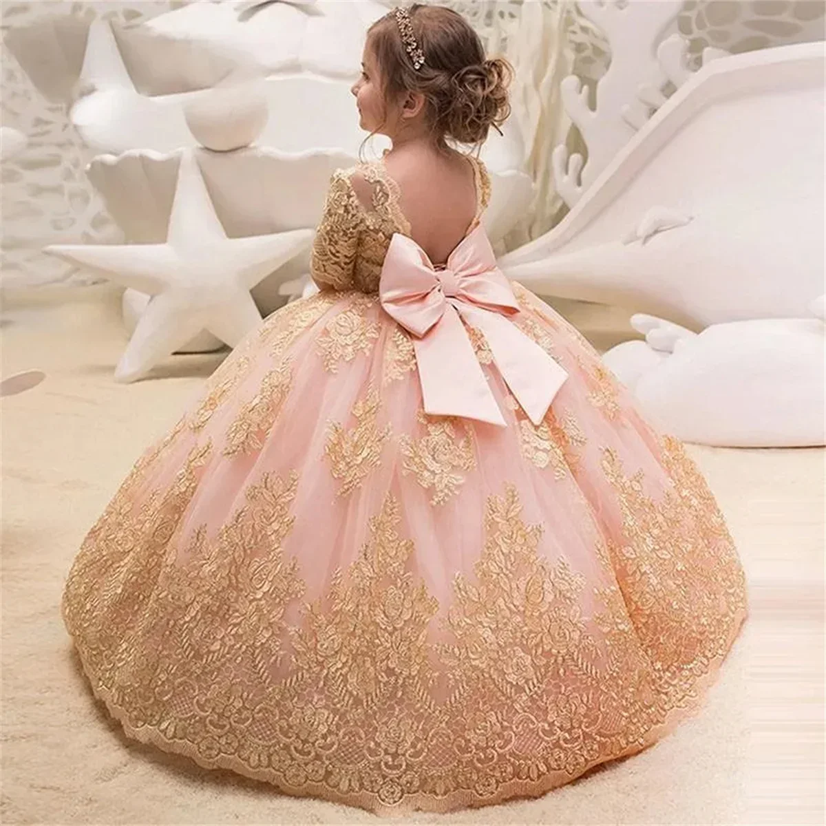 

Pink Flower Girl Dresses Bow Long Tulle Gold Appliques Princess Wedding Birthday Party Dress Child Pageant Ball Gowns