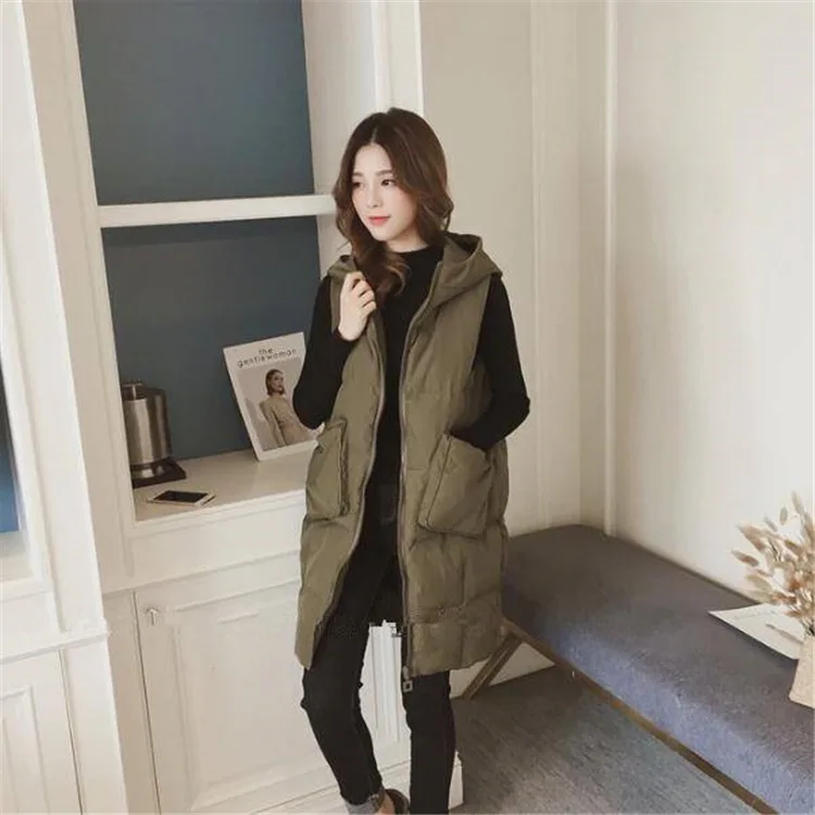 Winter Women Vest Waistcoat Long Cotton Jacket Loose Oversize Warm Bread Jacket Sleeveless Hooded Woman Jacket with Pocket long duvet coat