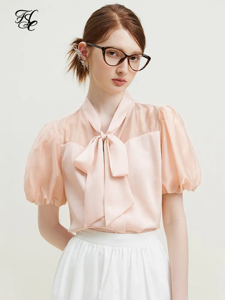 FSLE French Style Gentle Wind Sweet Pink Short-sleeved Shirt for Women Summer Chic Bow Ribbon V-neck Top Shirt for Female