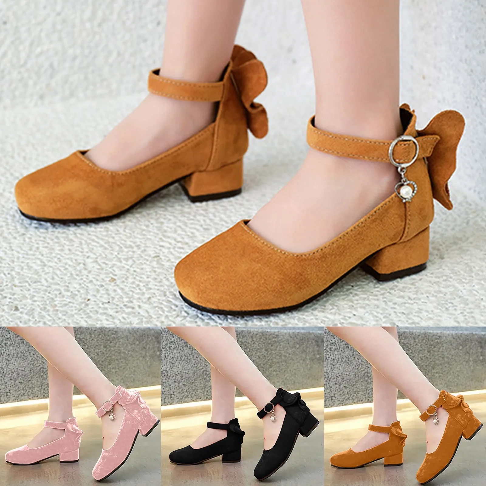 Kids High Heeled Shoes Girls Princess Sandals For Party Wedding Dance Childrens Fashion Velvet Black Pink Leather Shoes 3-15T 4