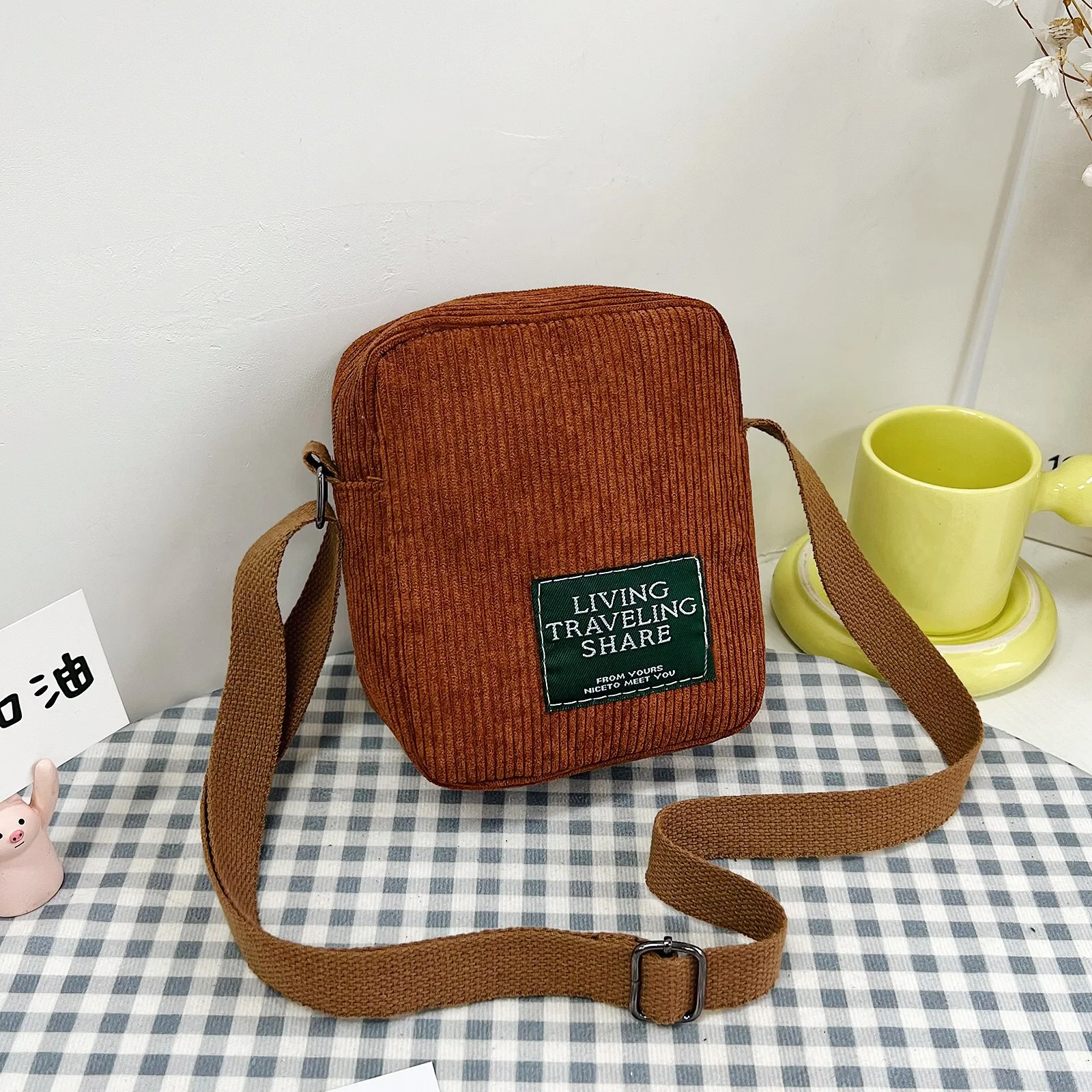 Casual Zip Tote Canvas Crossbody Bag Cute Shopping Bag for Ladies Women  Corduroy Shoulder Bags Striped Cloth Fabric Handbags