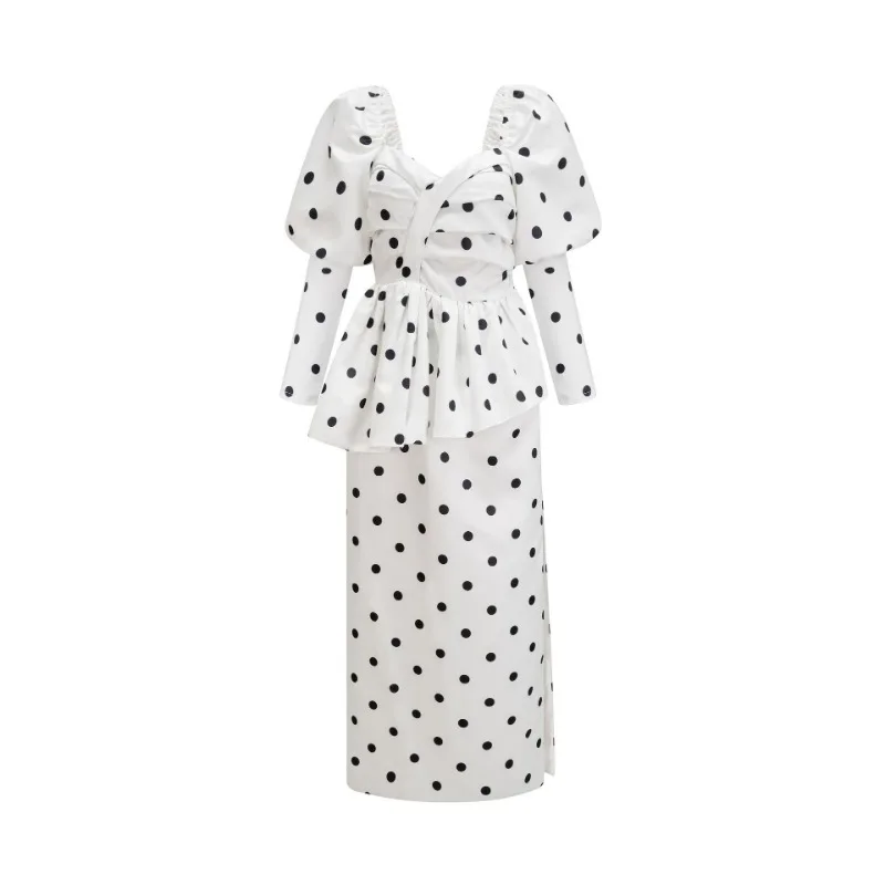 

Women's Polka Dot Niche Design Bubble Sleeve High Waisted Dress Fashionable and Elegant Ball Slim Fit Evening Dress