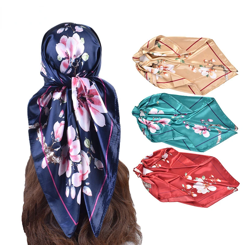 

Heitou Pastoral Style Printed Square Scarves Soft Floral 90CM Square Towel Women's Vintage Headscarves Luxury Head Scarfs