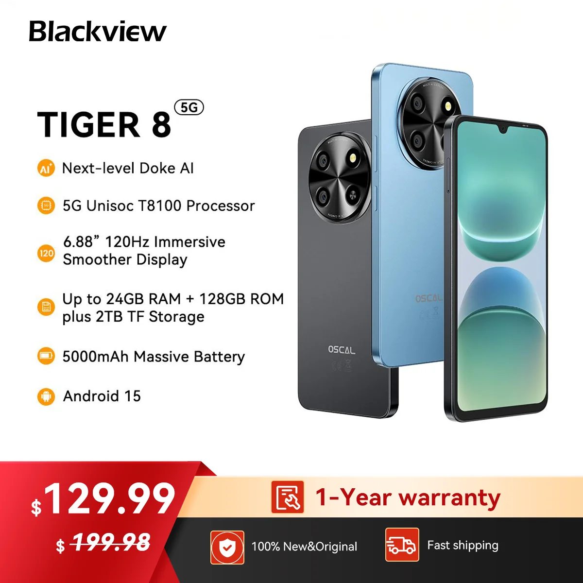 【5G対応】OSCAL TIGER8 Android15 24GB+128GB Blackview OSCAL TIGER 8 5G AI Smartphone 12GB+128GB 6.88