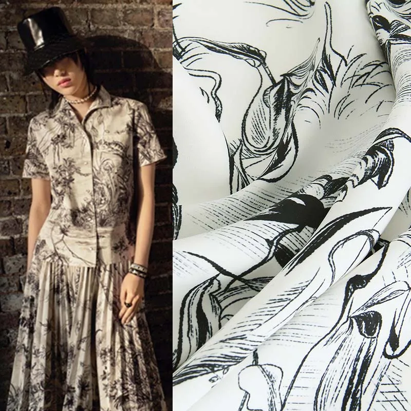 

European/American style advanced custom handmade DIY fabric black and white ink style animal flower and grass printed cloth