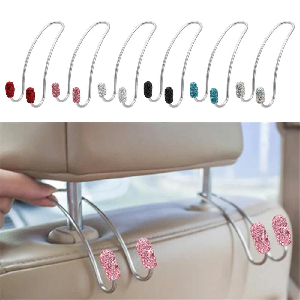 

2 PCS Car Seat Back Hooks Organizers Bling Diamond Car Headrest Bag Hangers Strong Universal Auto Back Seat Storage Hooks