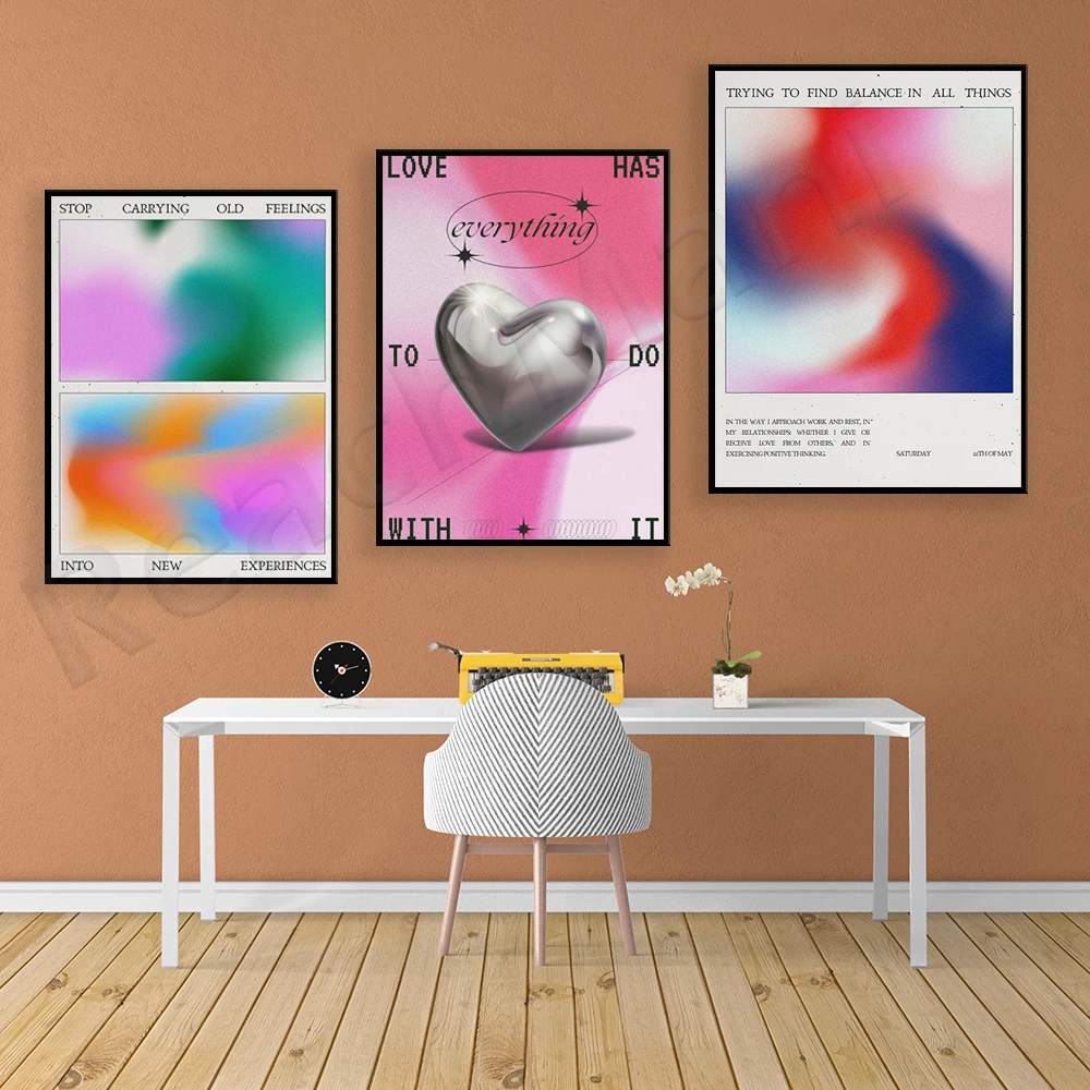 Trendy Pink Chrome Heart, Retro Colorful Abstract Gradient Particle Texture Wall Art Poster Decorativo Estetico Con Stampa Su Tela