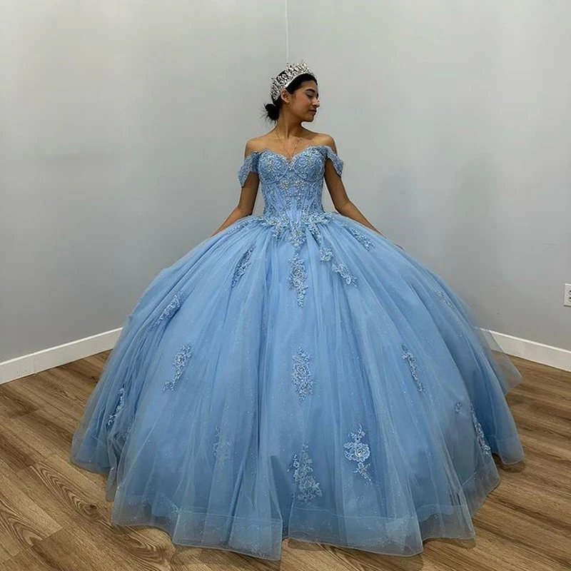ANGELSBRIDEP Sky Blue Ball Gowns Quinceanera Dresses Applique Lace Birthday Party Mexican Girls Vestidos de 15 a&ntilde;os Customized