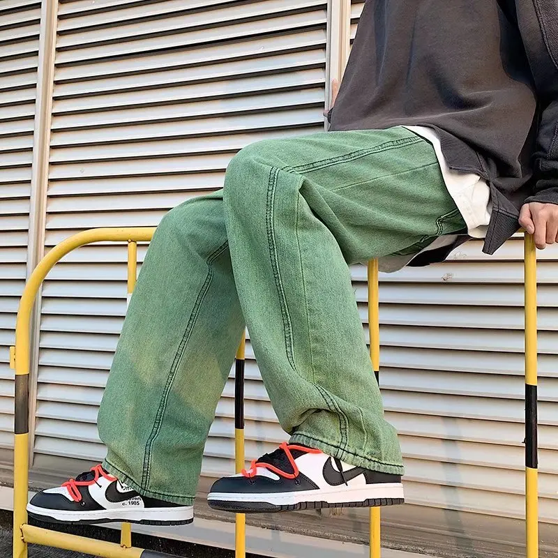 Cargo Jeans Men\'s New Hong Kong Style Trend Street Baggy Green Denim Trousers Wide Leg Casual Fashion Green Male Pants