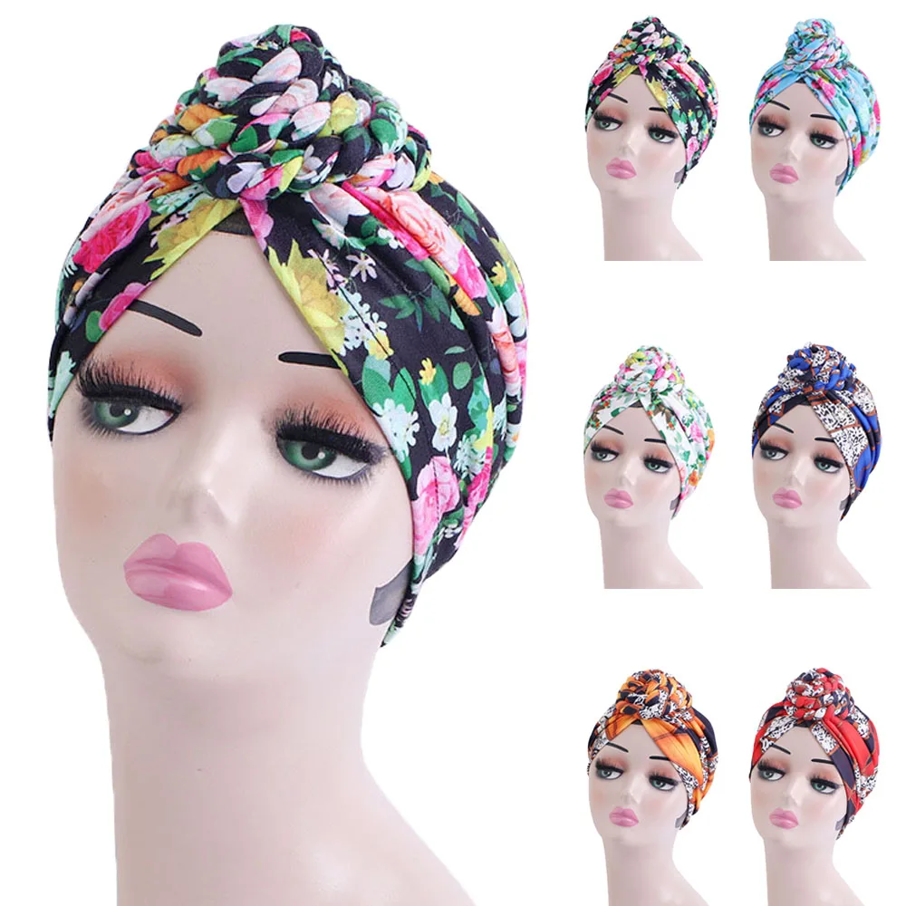 

African Women Print Knot Turban Braids Benaies Bonnet Hat Muslim Hijab Chemo Cap Indian Hair Loss Headscarf Wrap Bandanas Scarf