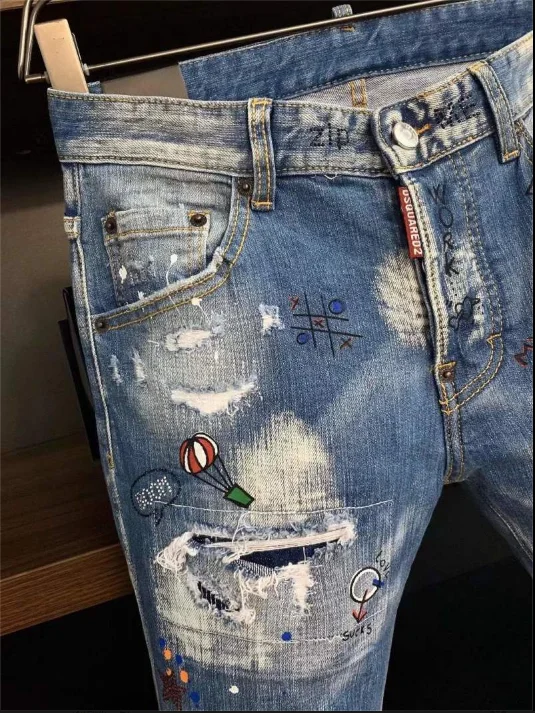 Dsquared2 casual fashion, cartoon printed blue jeans with ripped patch,  paint cloth, unisex, size 44 54 9806|Jeans| - AliExpress