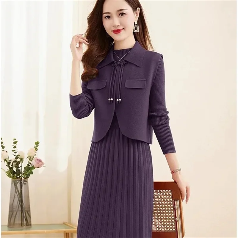 Autumn Winter Ladies Knitting Two Piece Set Maxi Dress Advanced Female Vest  Long Dresses Korean Women Large Size 4XL Vestidos - AliExpress 200000345