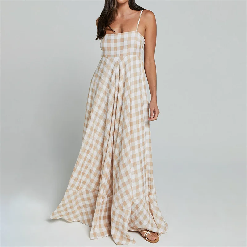 Summer Long Dresses Women Plaid Print Spaghetti Strap Sleeveless A Line Dresss Vacation Party Dresses Beachwear