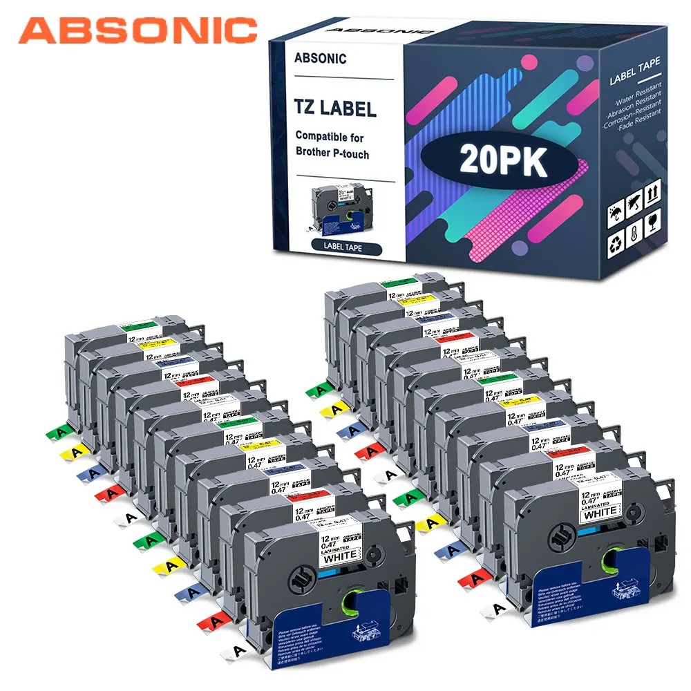 Absonic 20PK 12 мм этикетка 231 ламинированная лента для Brother S231 FX231 кассета совместимая с