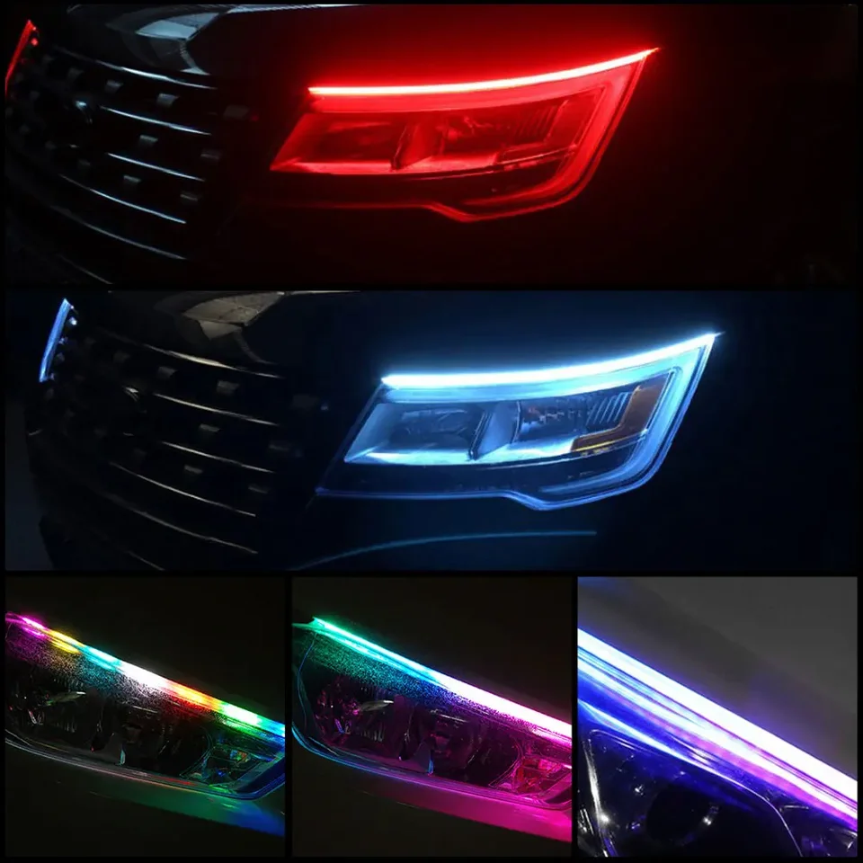 QasimLed 2-Pack 30cm Guide Tube Souple Imperméable Voiture Séquentielle Flowing Flexible Feux De Jour Lumière Blanche Avec Jaunissent Signal LED Strip Cars Auto