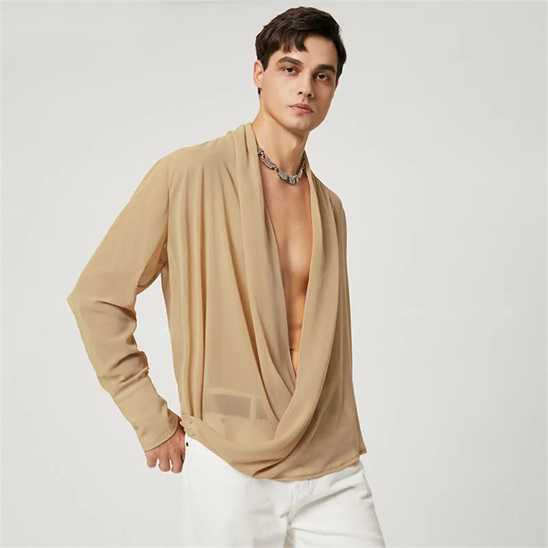 

Men's Sexy Solid Color Chiffon Deep V-neck Long Sleeve Shirt Fashion Beach Style See-through Shirt Outdoor Sunscreen ClothingMen