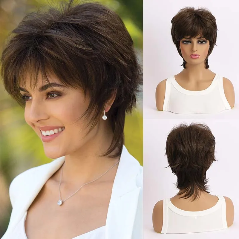 Short Pixie Cut Brown Synthetic Wigs Natural Straight Layered Wig with Fluffy Bangs for Women Daily Heat Resistant Hair