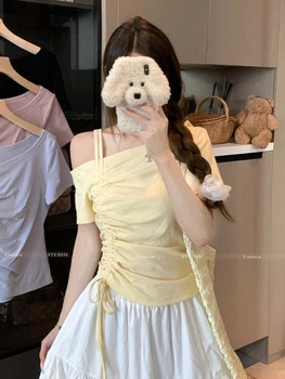 Sweet One shoulder Drawstring Short sleeve T shirt Women Summer Off shoulder Top Elegant Sexy Solid color Cropped Basic Blouse 1