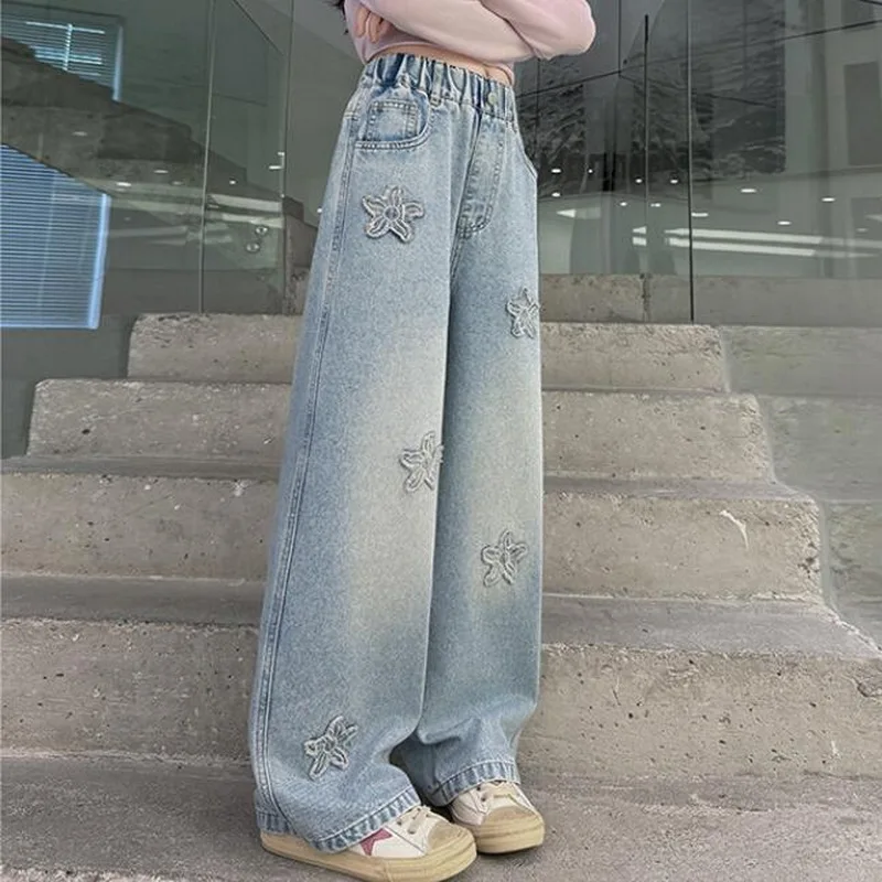 아메리칸 레트로 키즈 꽃무늬 아플리케가 있는 여아용 패션 밴딩 데님 팬츠 아동 와이드 레그 청바지