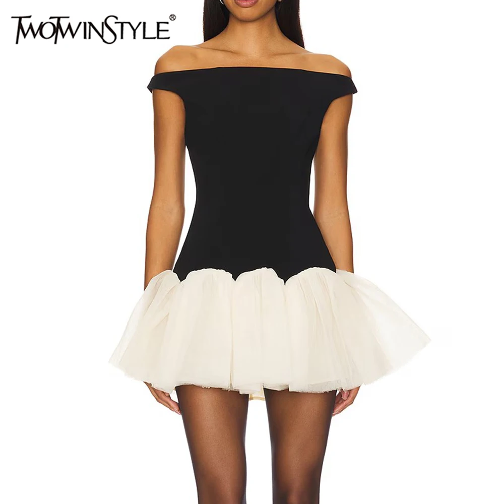 TWOTWINSTYLE Slimming Spliced Bead Fashion Dresses for Women Slash Neck Long Sleeves Patchwork Mesh Temperament Dress Female New