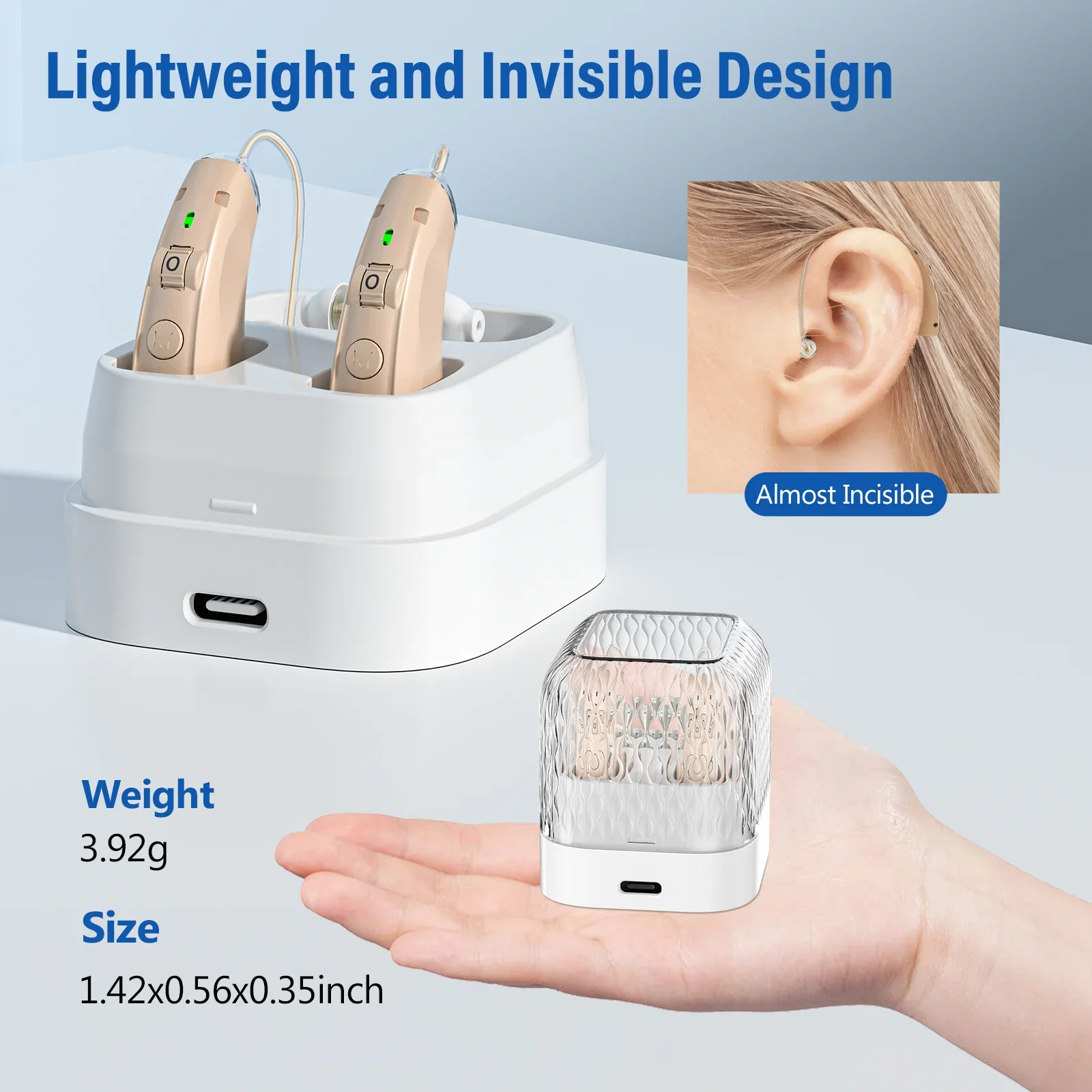 BTE Hearing Aids Rechargeable Hearing Aids for Seniors Personal Sound Amplifier Adults Assist Devices with Charging Base hearing aids