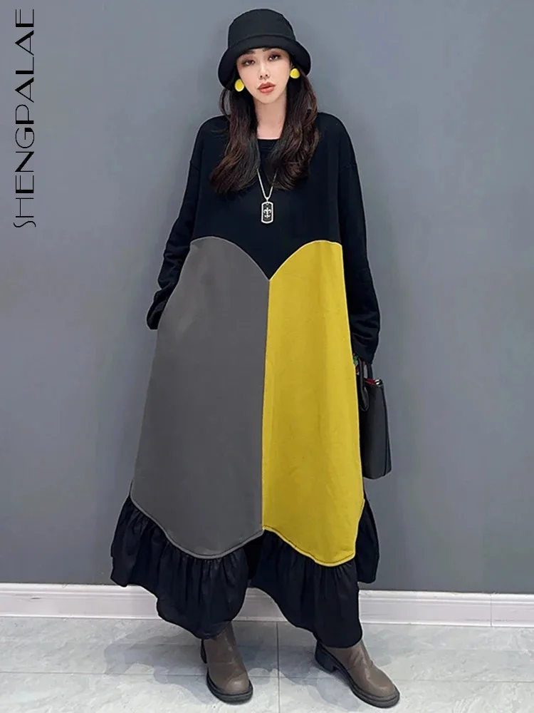 

SHENGPALAE Contrast Color Dress For Women Spring Loose Ruffles Patchwork O-neck Vestido 2024 New Tide Female Casual Robe R8093