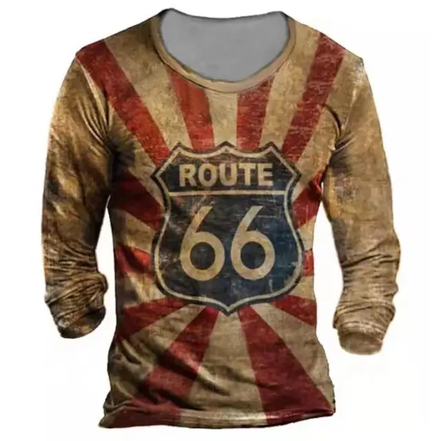 Fashion Vintage Men's T Shirts Oversized Loose Clothes Vintage Long Sleeves Us Route 66 Letters  3d Printed T Shirts Eu Size 5xl 6