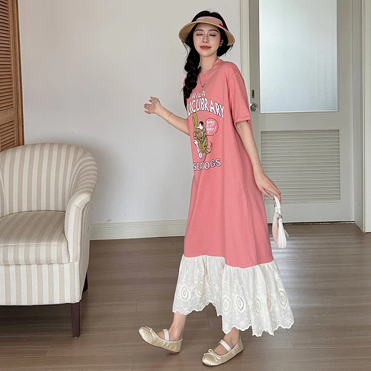 Korean Style plus Size Long T-Shirt Dress Summer New Splicing Embroidery  Lace Hem Short Sleeve Dress Street Style Loose Waist - AliExpress 200000345