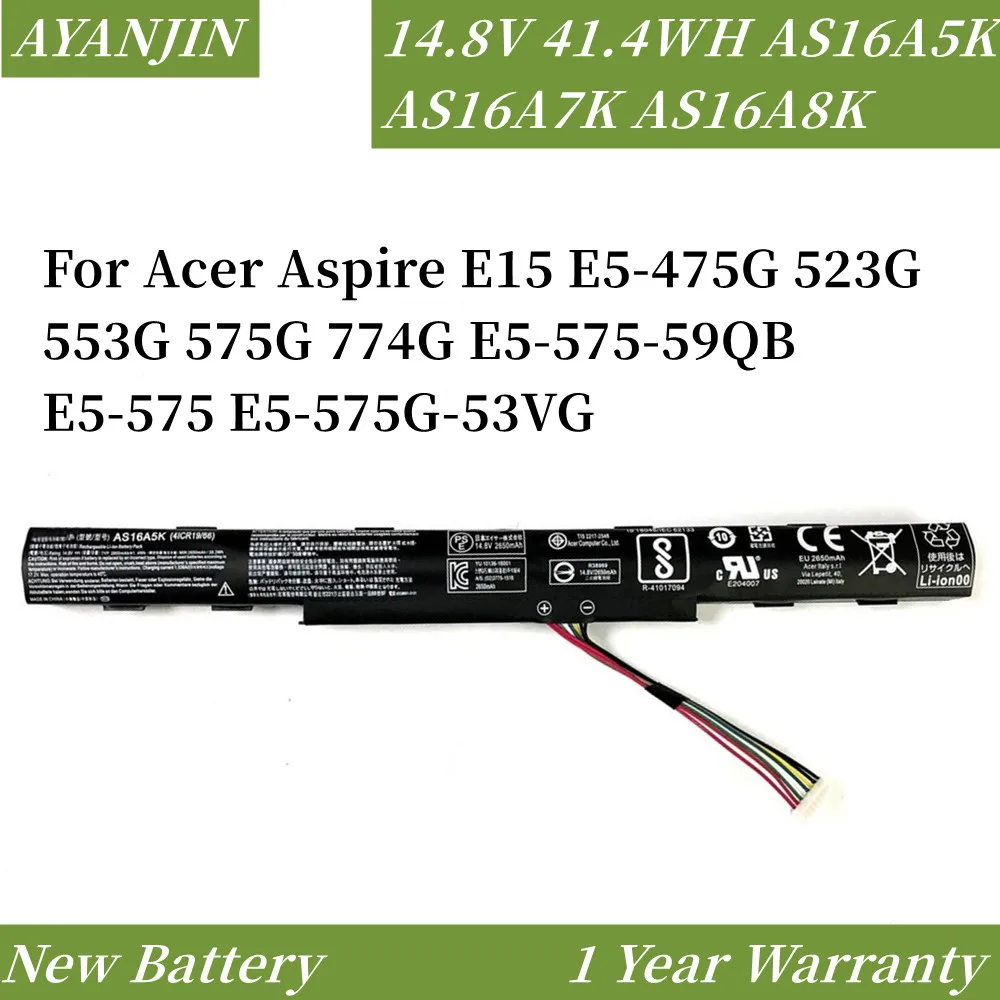 Bateria para Notebook Acer Aspire 523g 553g 575g 774g E5575-59qb E5-575 E5-575g-53vg Novo 14.8v 41.4wh As16a5k As16a7k E15 E5475g As16a8k
