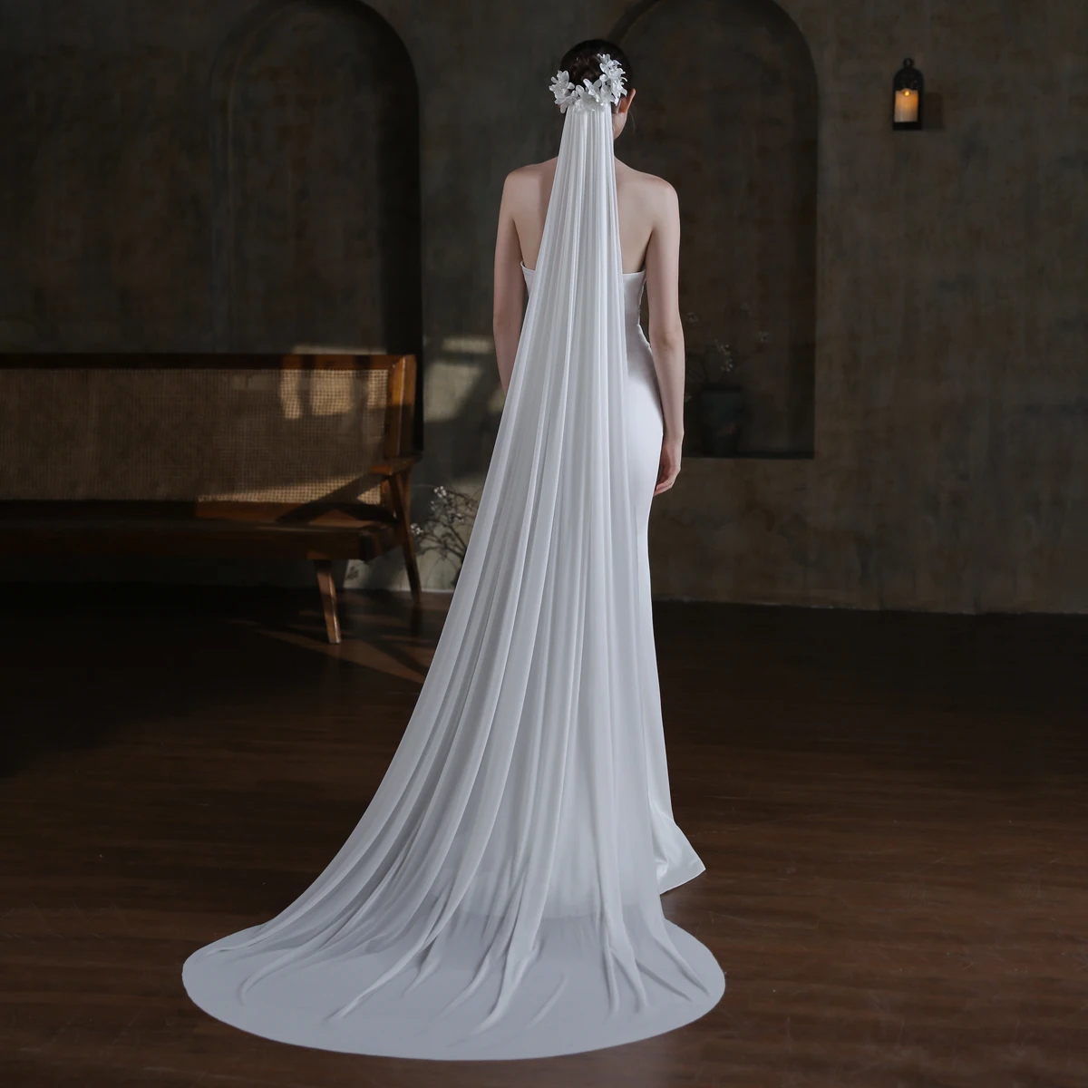 

V858 Exquisite Long Wedding Bridal Veil Cloth-Flower Headpiece One-Layer Spandex White Cathedral Brides Veil