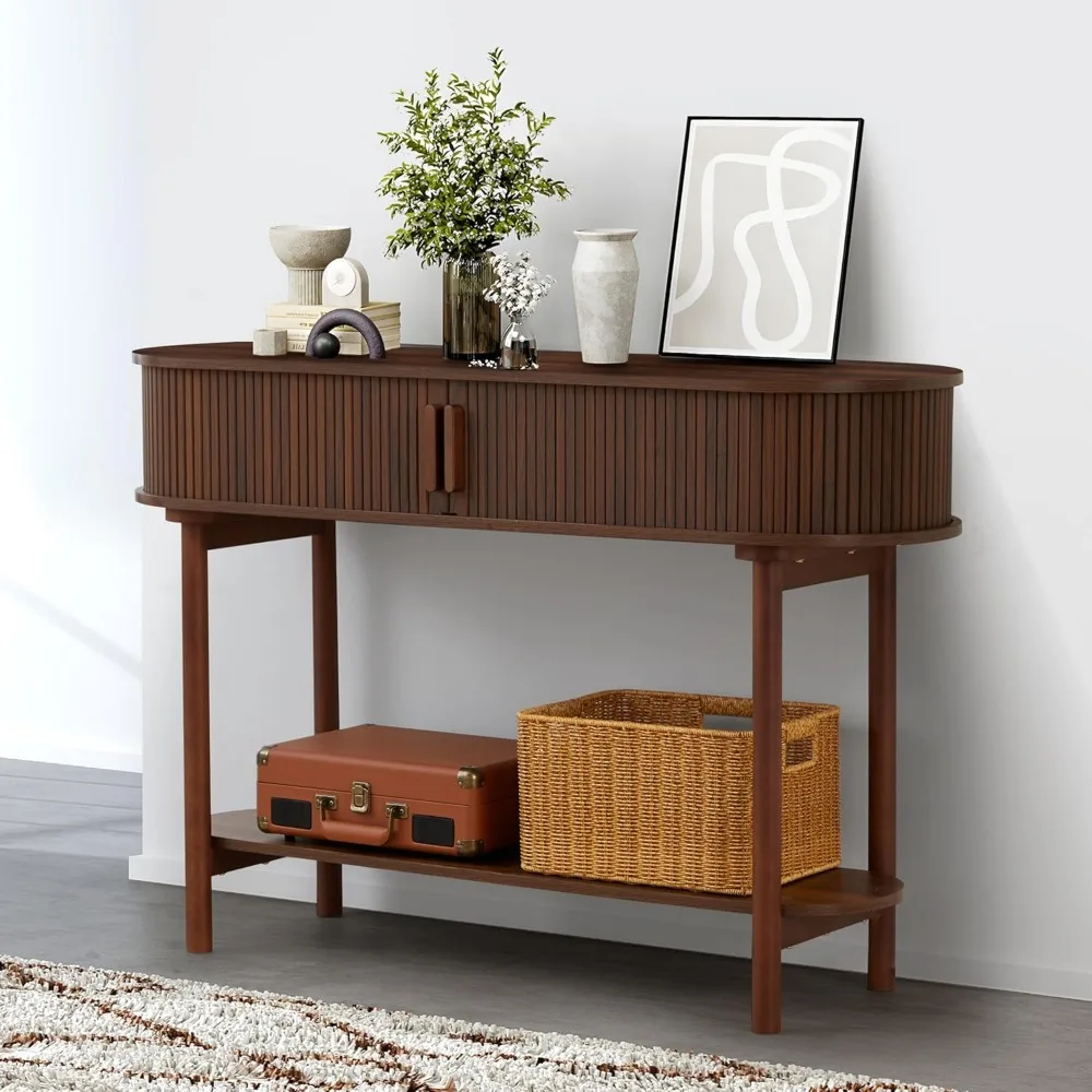 Fluted Console Table, Modern Entryway Table with Tambour Sliding Door, 2-Tier Sofa Table with Storage, Side Table Behind 6