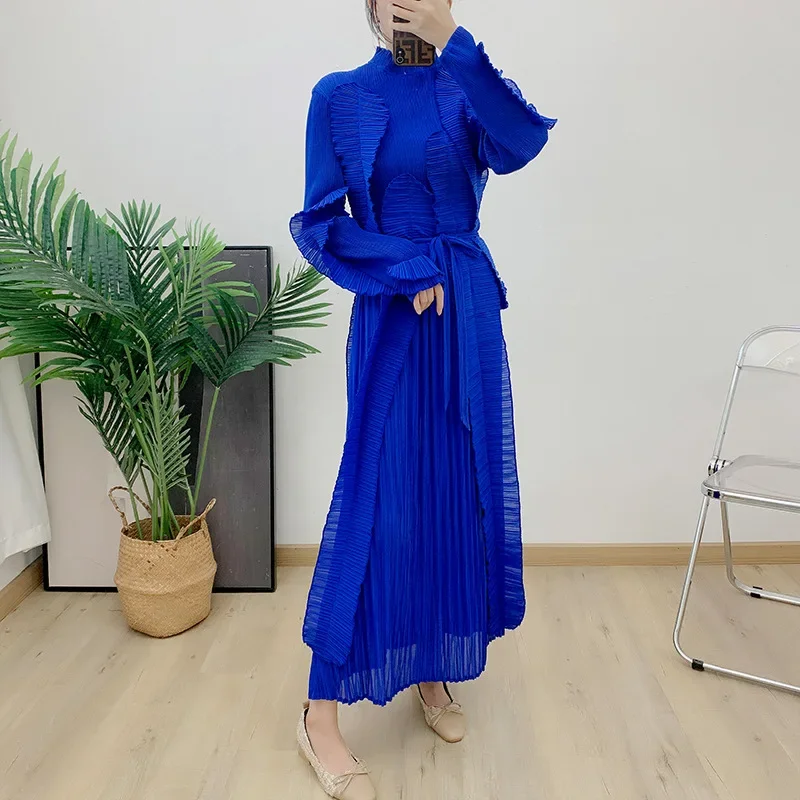 

Miyake Pleated 2023 Autumn Winter New Maxi Long Elegant Dress Solid Color Ruffles Full Sleeves Wedding Dresses for Women