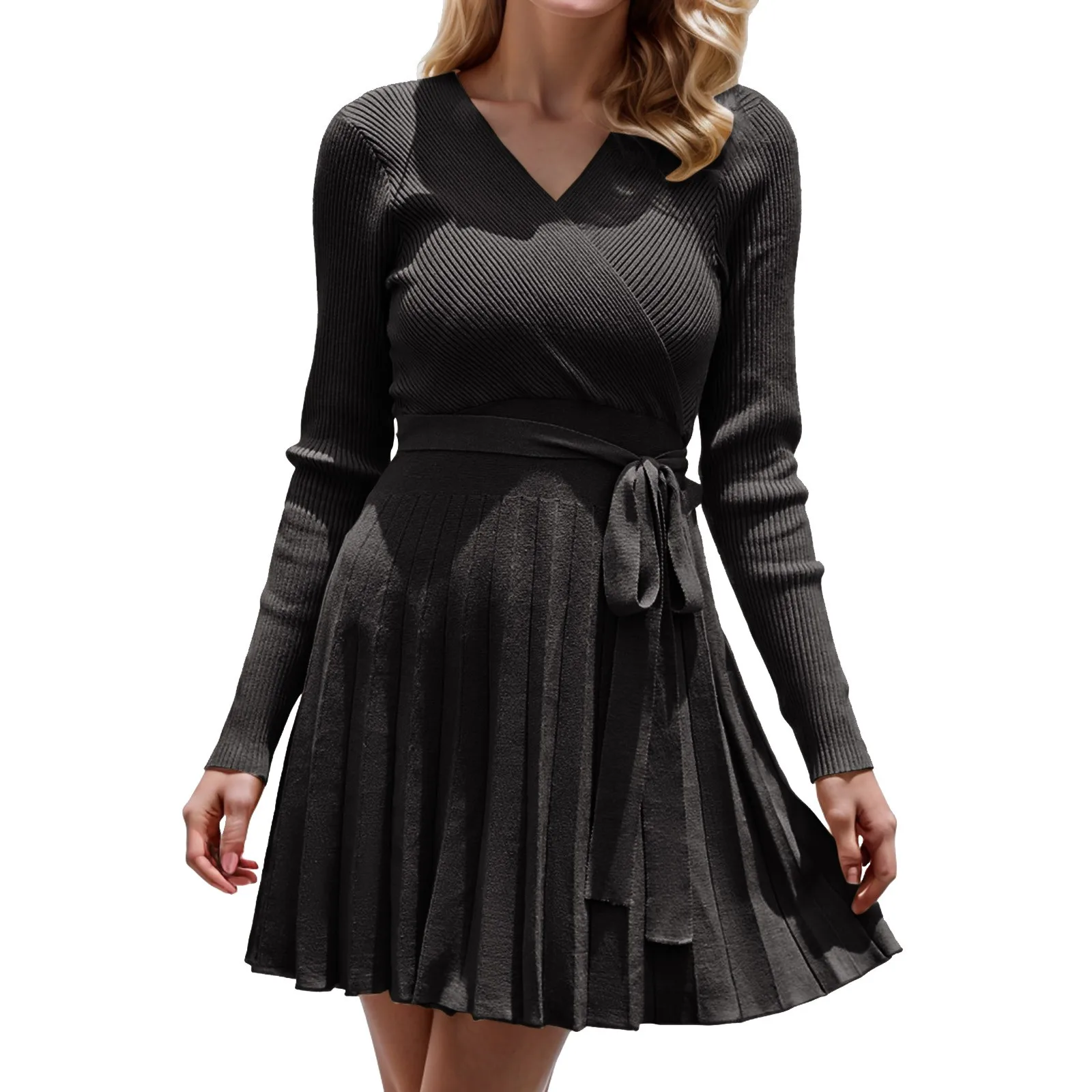

Women Casual Long Knit Adjustable Belted Pleated V Neck A Line Dress Long Beach Dresses for Women Womens Long Casual Dresses