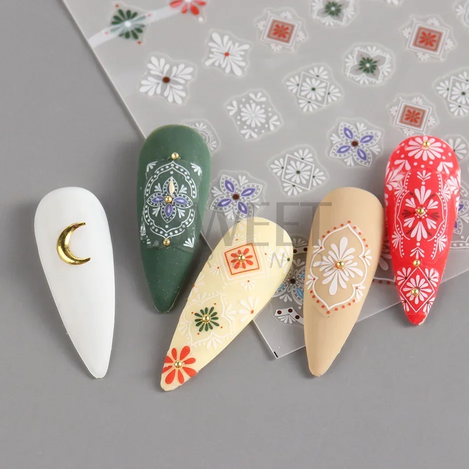 3D Bohemian Matte New Nail Sticker Charms Embroidery Boho Design Manicure Purple Flower Vine Decals Nail Art Accessories Sliders