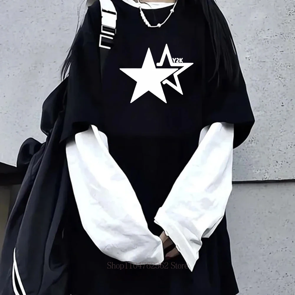 Women Star Y2K Print Graphic Fake Two Long Sleeved T-shirts Fashion Gothic Retro Casual Loose Fake Two Long Sleeved T Shirt 1