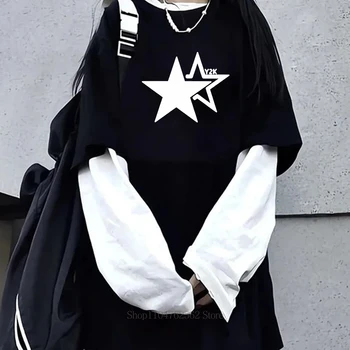 Women Star Y2K Print Graphic Fake Two Long Sleeved T-shirts Fashion Gothic Retro Casual Loose Fake Two Long Sleeved T Shirt 1