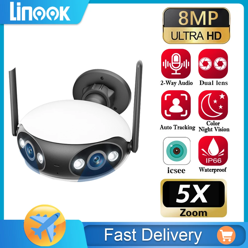 

Linook, ICSEE, 8X zoom, dual lens, CCTV outdoor wireless 180 degree wide-angle CCTV, WIFI camera monitoring waterproof