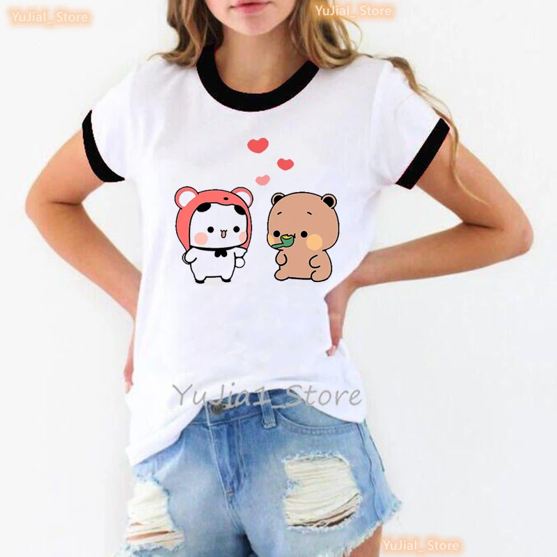 Фото Kawaii Panda Bubu Dudu, футболка с мультяшным принтом для девушек, розовый бант, розовая, романтичная, летняя футболка с коротким рукавом №5