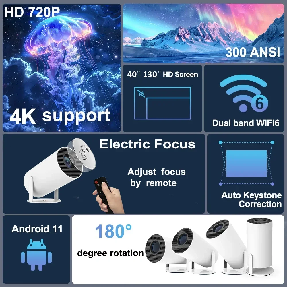 DITONG HY300 Plus Android 4K 1280*720P Dual Wifi 300ANSI Video Cinema Outdoor Portable Home HD LED Projector